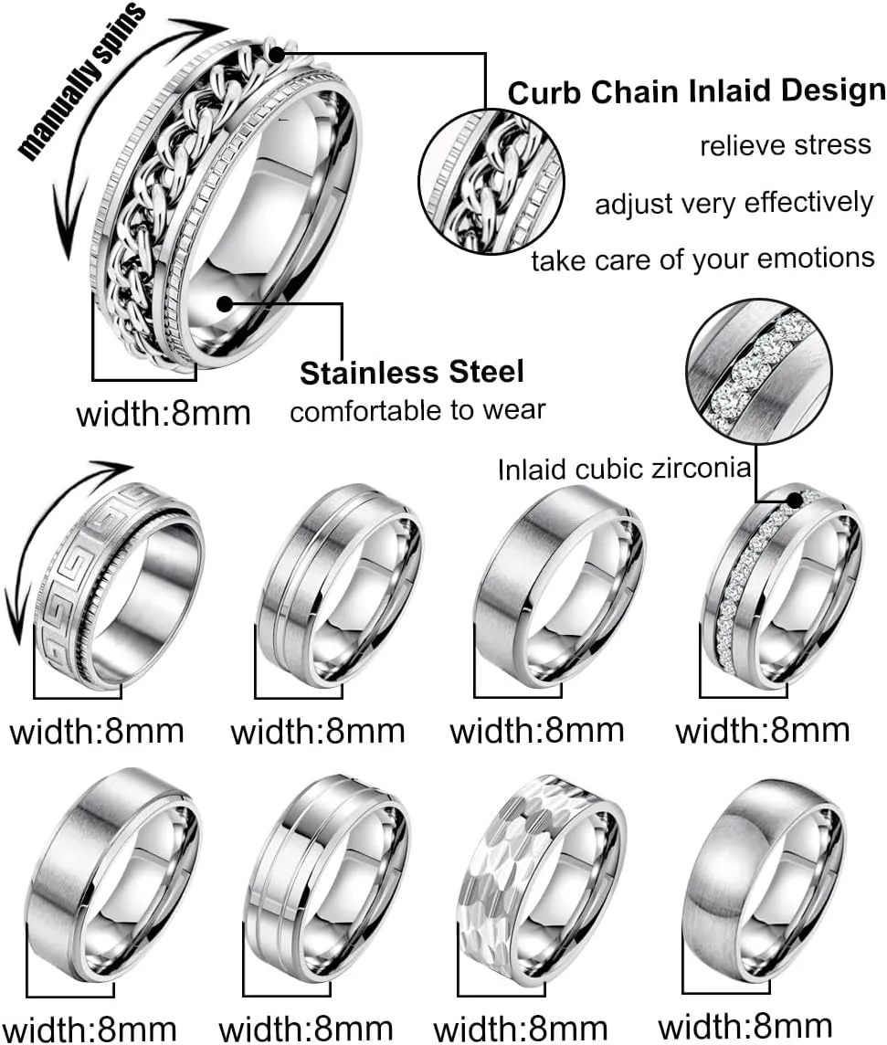 9Pcs 8MM Stainless Steel Band Rings for Men Women Chain Rings Simple Brushed Wedding Engagement Rings Set 7-13