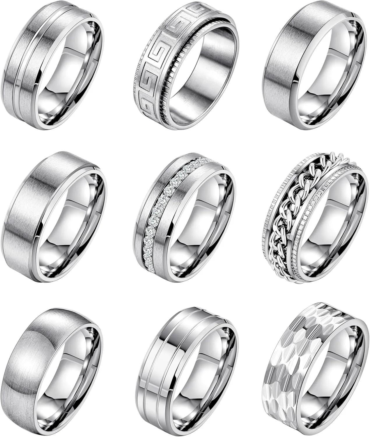 9Pcs 8MM Stainless Steel Band Rings for Men Women Chain Rings Simple Brushed Wedding Engagement Rings Set 7-13