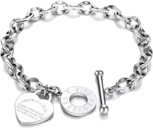Adjustable Stainless Proverbs Love Heart Pendant Charm Bracelets Friendship Open Bangle Wrist Cuff for Women Men