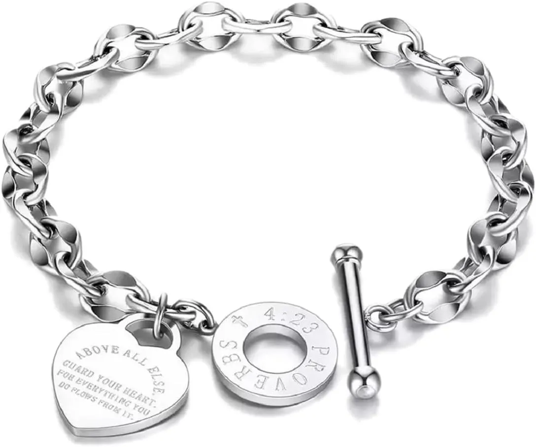 Adjustable Stainless Proverbs Love Heart Pendant Charm Bracelets Friendship Open Bangle Wrist Cuff for Women Men