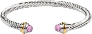 Adjustable Twist Stainless Steel Cable Wire Light Purple Charm Bracelets Friendship Open Bangle Wrist Cuff for Women Men
