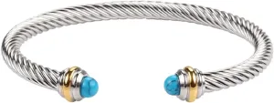 Adjustable Twist Stainless Steel Cable Wire Turquoise Charm Bracelets Friendship Open Bangle Wrist Cuff for Women Men