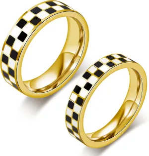 AmorArtSky Chessboard Couple Rings Set - 6mm & 4.5mm Stainless Steel Stackable Wedding Bands, 18K Gold Plated Geometric Jewelry for Women/Men, Hypoallergenic Mirror Polish (Size 6-10)