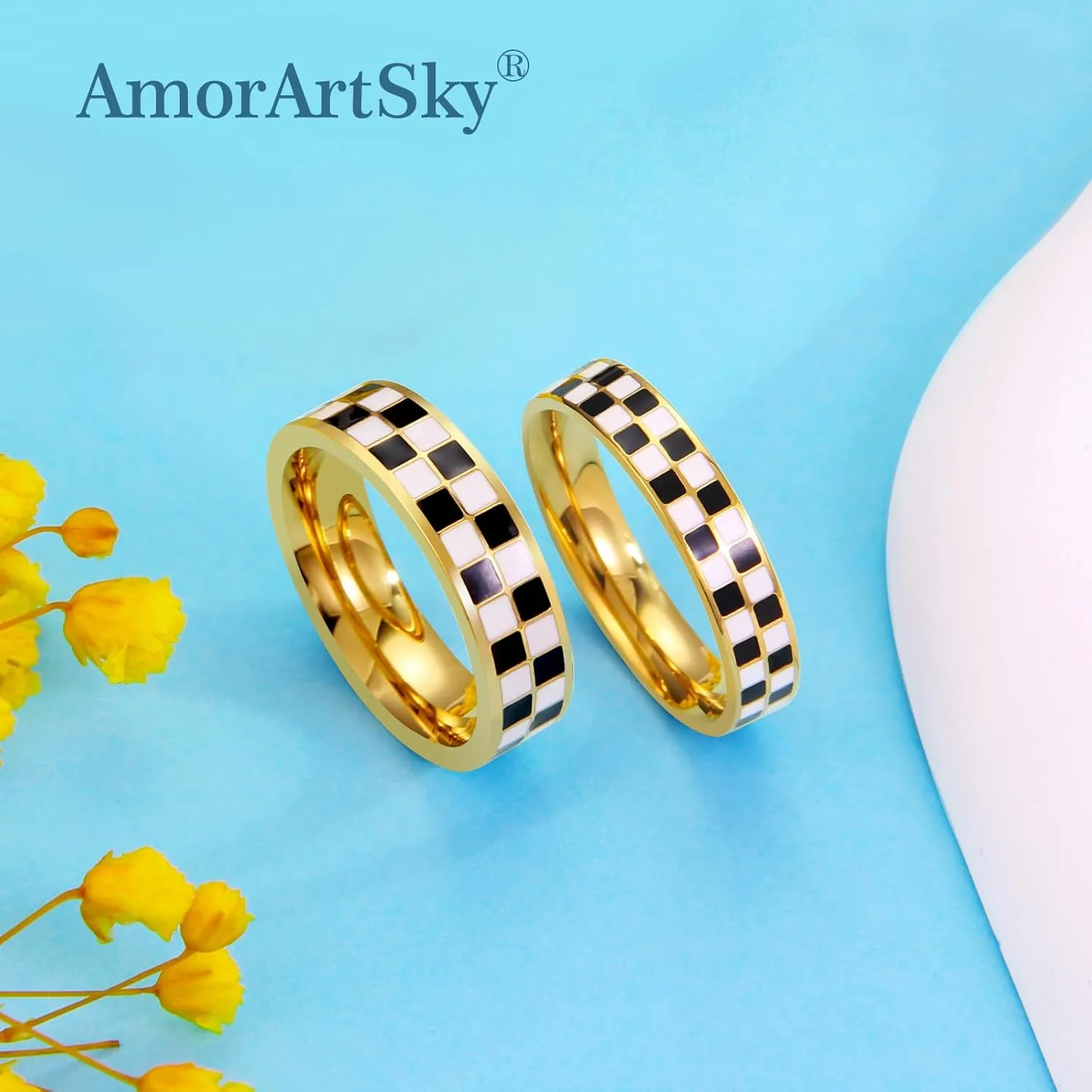 AmorArtSky Chessboard Couple Rings Set - 6mm & 4.5mm Stainless Steel Stackable Wedding Bands, 18K Gold Plated Geometric Jewelry for Women/Men, Hypoallergenic Mirror Polish (Size 6-10)
