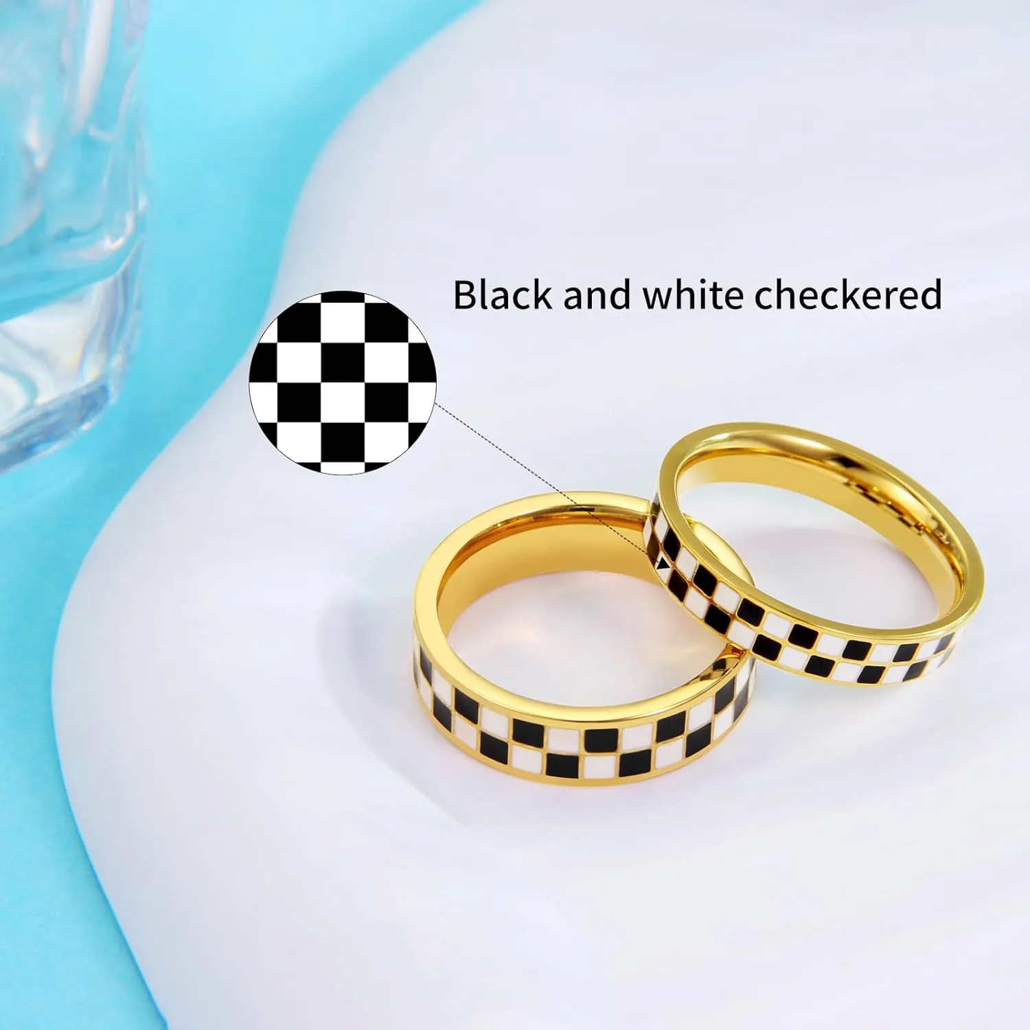 AmorArtSky Chessboard Couple Rings Set - 6mm & 4.5mm Stainless Steel Stackable Wedding Bands, 18K Gold Plated Geometric Jewelry for Women/Men, Hypoallergenic Mirror Polish (Size 6-10)