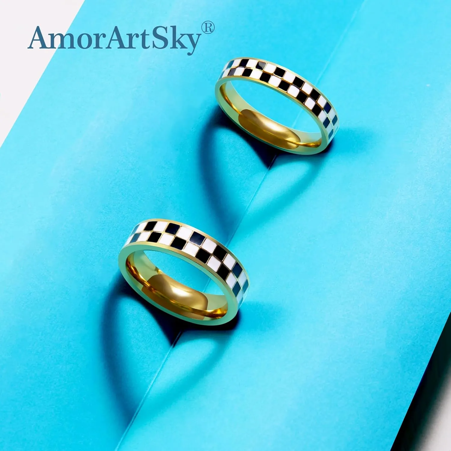 AmorArtSky Chessboard Couple Rings Set - 6mm & 4.5mm Stainless Steel Stackable Wedding Bands, 18K Gold Plated Geometric Jewelry for Women/Men, Hypoallergenic Mirror Polish (Size 6-10)