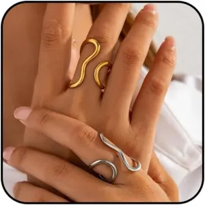Angyape Gold Thumb Rings for Women/Men,Chunky Asymmetrical Wave Curve Open Ring Stainless Steel Adjustable Plated Ring Bold Thick Statement Thumb Rings Jewelry Gifts For Women Men