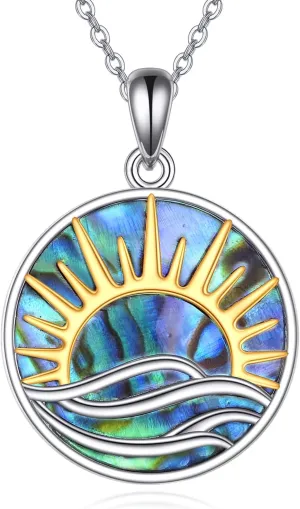 AOBOCO Abalone Necklace 925 Sterling Silver Satanic Sulfur Cross Viking Rune Sun Wave Pendant Ocean Jewelry Gift for Women Friends