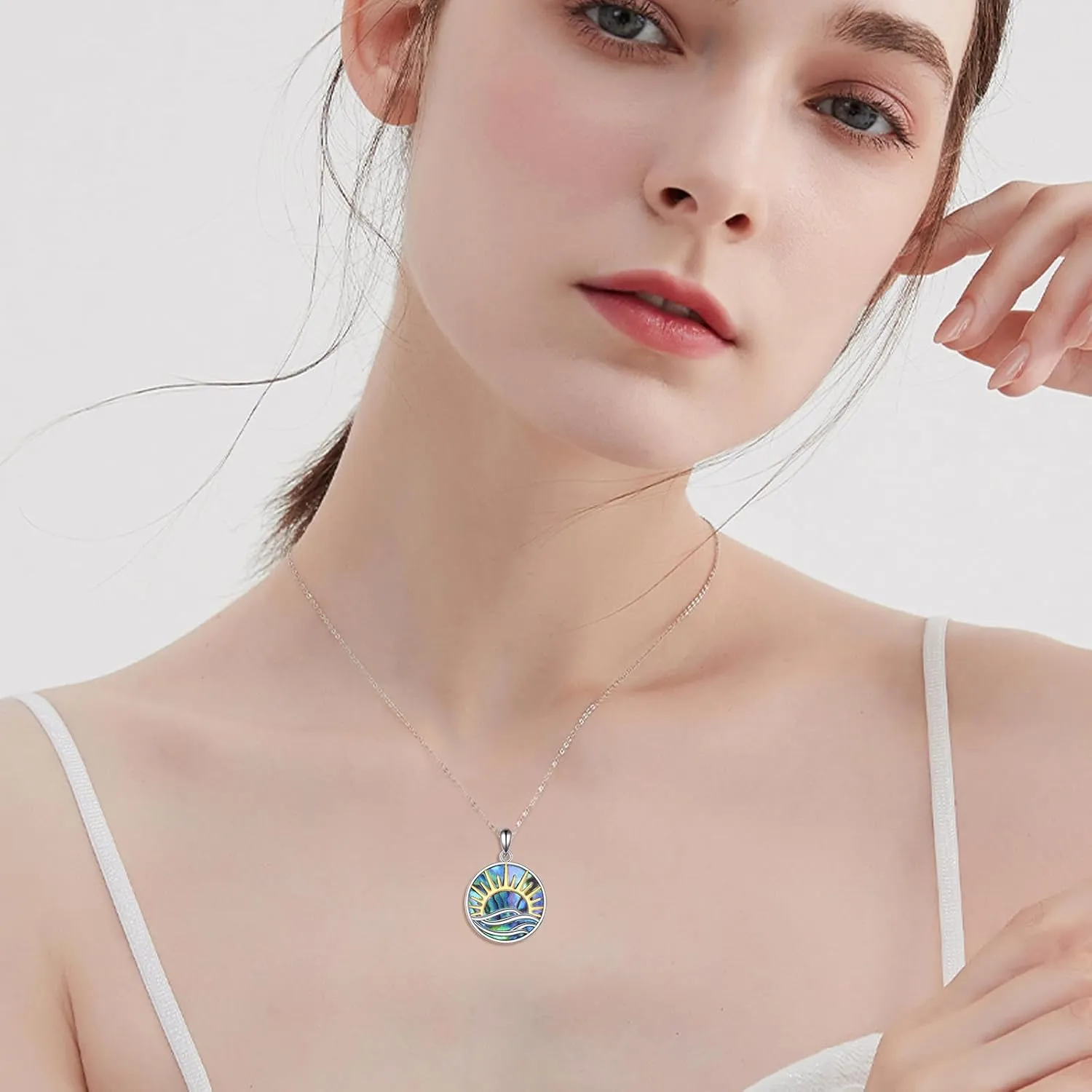 AOBOCO Abalone Necklace 925 Sterling Silver Satanic Sulfur Cross Viking Rune Sun Wave Pendant Ocean Jewelry Gift for Women Friends