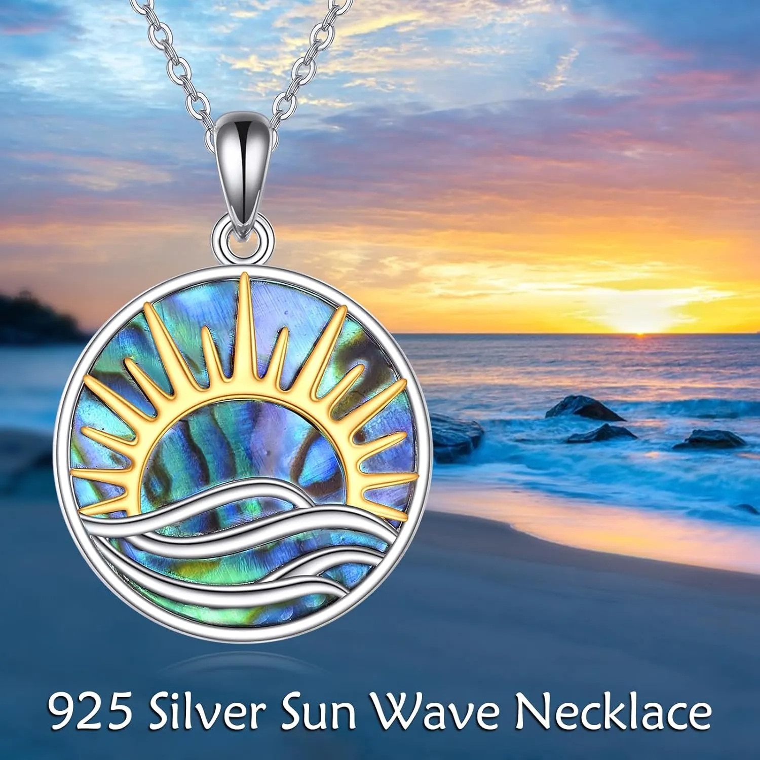 AOBOCO Abalone Necklace 925 Sterling Silver Satanic Sulfur Cross Viking Rune Sun Wave Pendant Ocean Jewelry Gift for Women Friends
