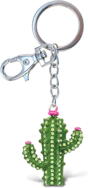Aqua79 Cactus Keychain - Silver 3D Sparkling Charm Rhinestones Fashionable Stylish Metal Alloy Durable Key Ring Bling Crystal Jewelry Accessory with Clasp