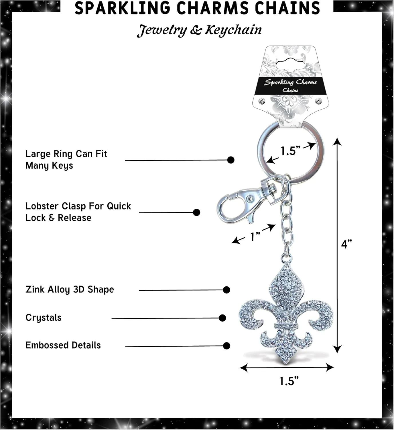 Aqua79 Fleur De Lis Keychain - Silver 3D Sparkling Charm Rhinestones Fashionable Stylish Metal Alloy Durable Key Ring Bling Crystal Jewelry Accessory with Clasp