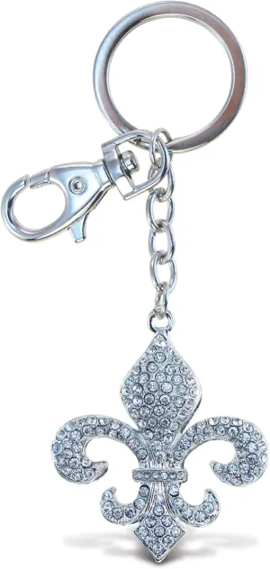 Aqua79 Fleur De Lis Keychain - Silver 3D Sparkling Charm Rhinestones Fashionable Stylish Metal Alloy Durable Key Ring Bling Crystal Jewelry Accessory with Clasp