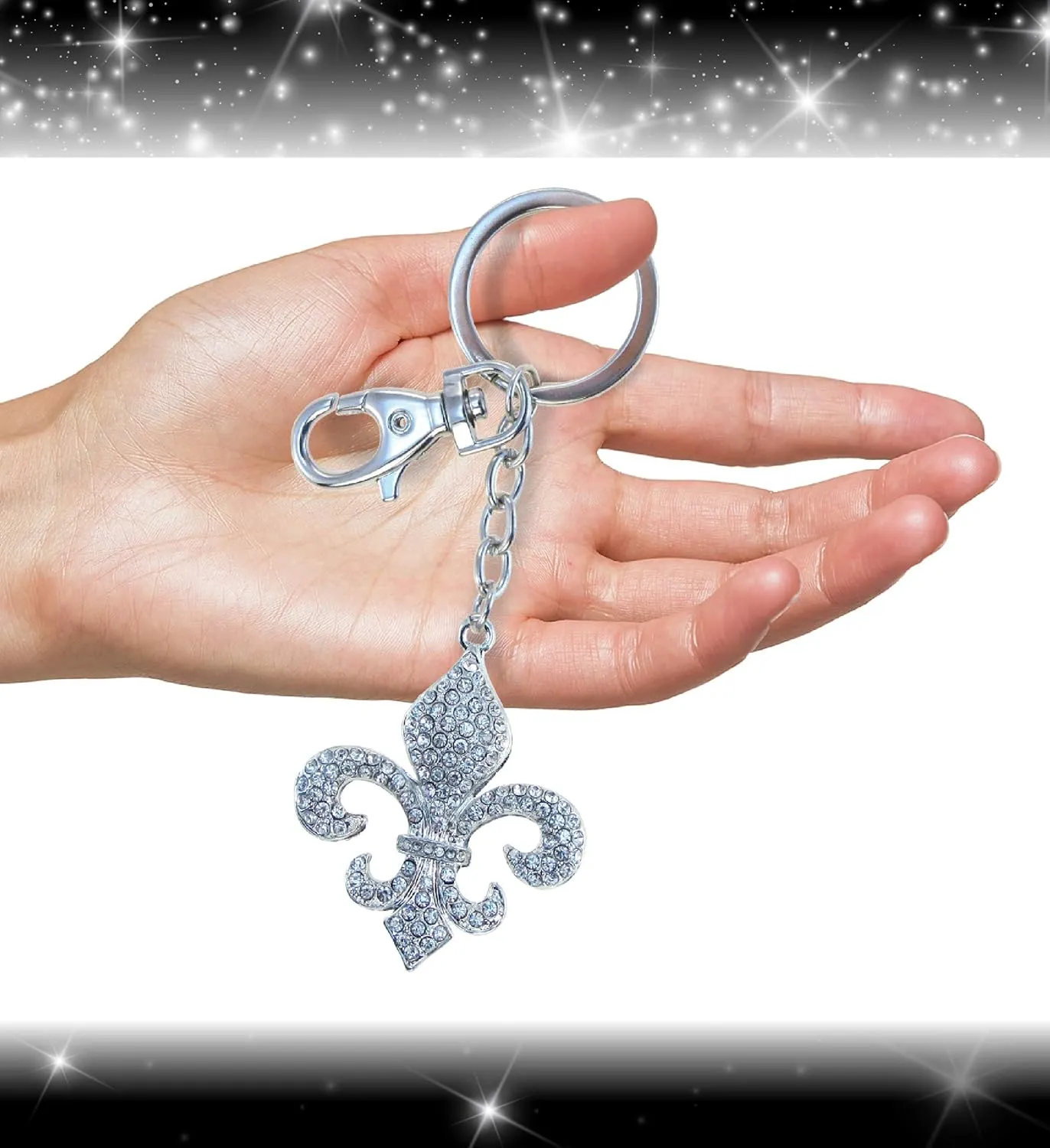 Aqua79 Fleur De Lis Keychain - Silver 3D Sparkling Charm Rhinestones Fashionable Stylish Metal Alloy Durable Key Ring Bling Crystal Jewelry Accessory with Clasp
