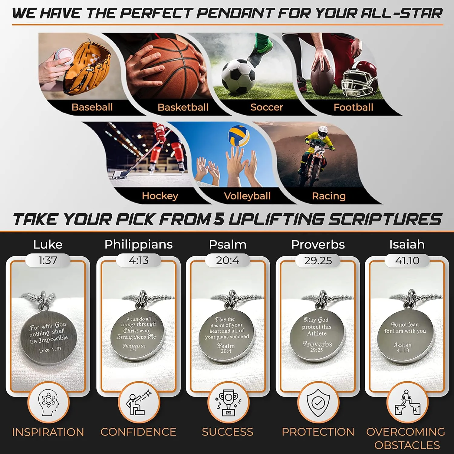 Athletes Necklace With Inspiring Bible Quote  Choose Your Quote, Silver Cross Necklace for Men and Women That Love Sports  Makes a Unique, Inspiring Gift for Athletes. Baseball, Basketball, Football, Hockey and Soccer Available.