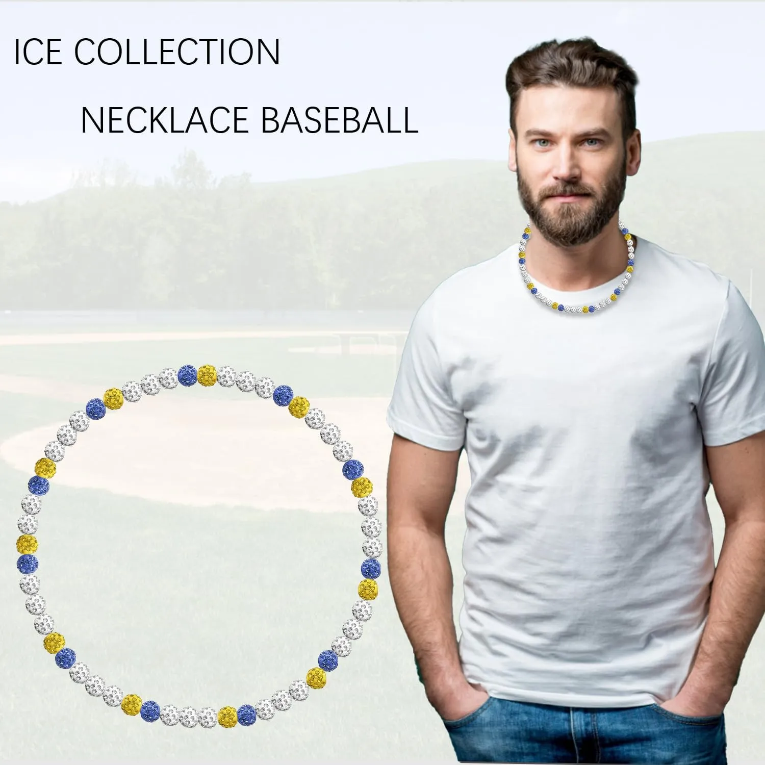 Baseball Beaded Chain Necklace 20 Inch Bling Ice Collection Necklace Adjustable Elastic Cord Glitter Rhinestone Ball Necklace Inspired Sports Jewelry Athlete Necklace for Men Boys