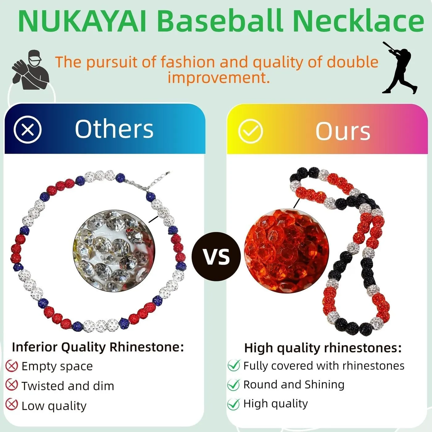 Baseball Beaded Necklace for Men, Bling Ice 16in/18in/20in Shiny Collection Baseball Chain, Glitter Rhinestone Sparky Inspired Discoball Drip Baseball Necklaces Gifts for Player Team Lovers