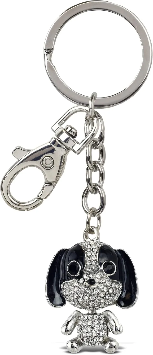 Basset Hound Dog Keychain - Silver 3D Sparkling Charm Rhinestones Fashionable Stylish Metal Alloy Durable Key Ring Bling Crystal Jewelry Accessory with Clasp