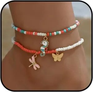 Beach Anklet for Women Boho Starfish Shell Conch Anklet Adjustable Beaded Waterproof Ankle Bracelet Colorful Butterfly Elastic Anklets Summer Ocean Foot Jewelry