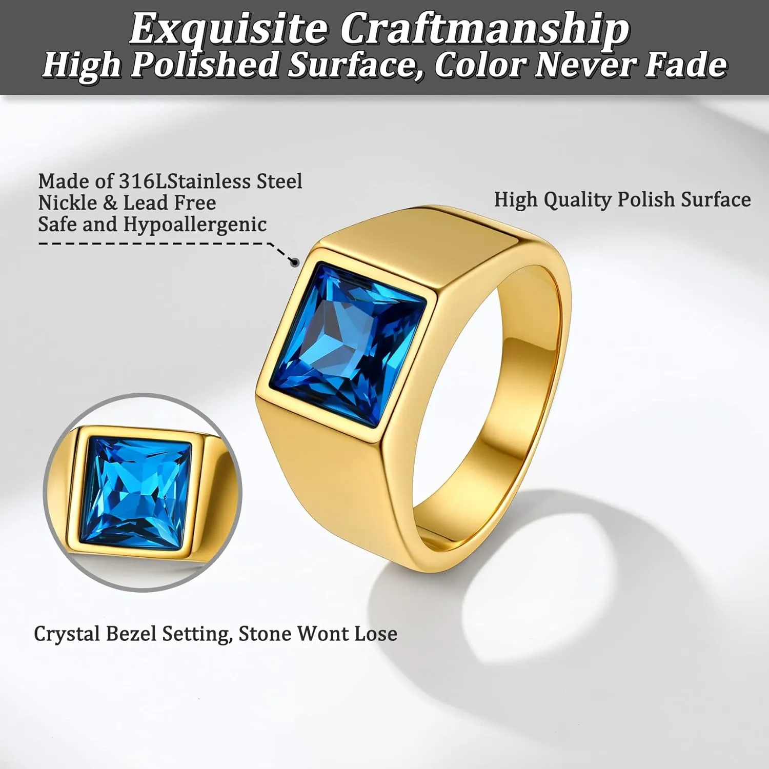 Bestyle Stainless Steel Men Signet Ring-Black/Blue Gemstone Band Ring-Classic Simple Thick Men Ring Size 7-14