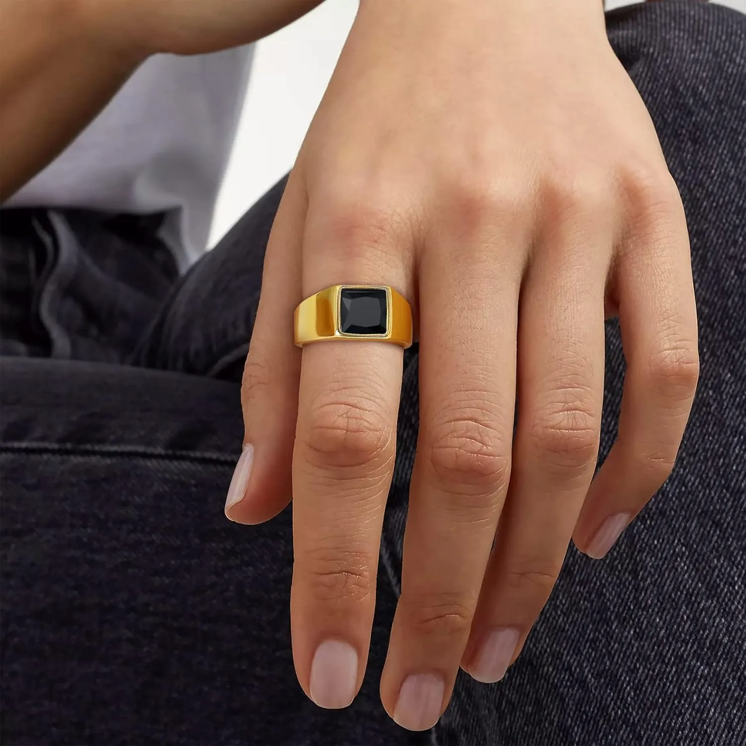 Bestyle Stainless Steel Men Signet Ring-Black/Blue Gemstone Band Ring-Classic Simple Thick Men Ring Size 7-14