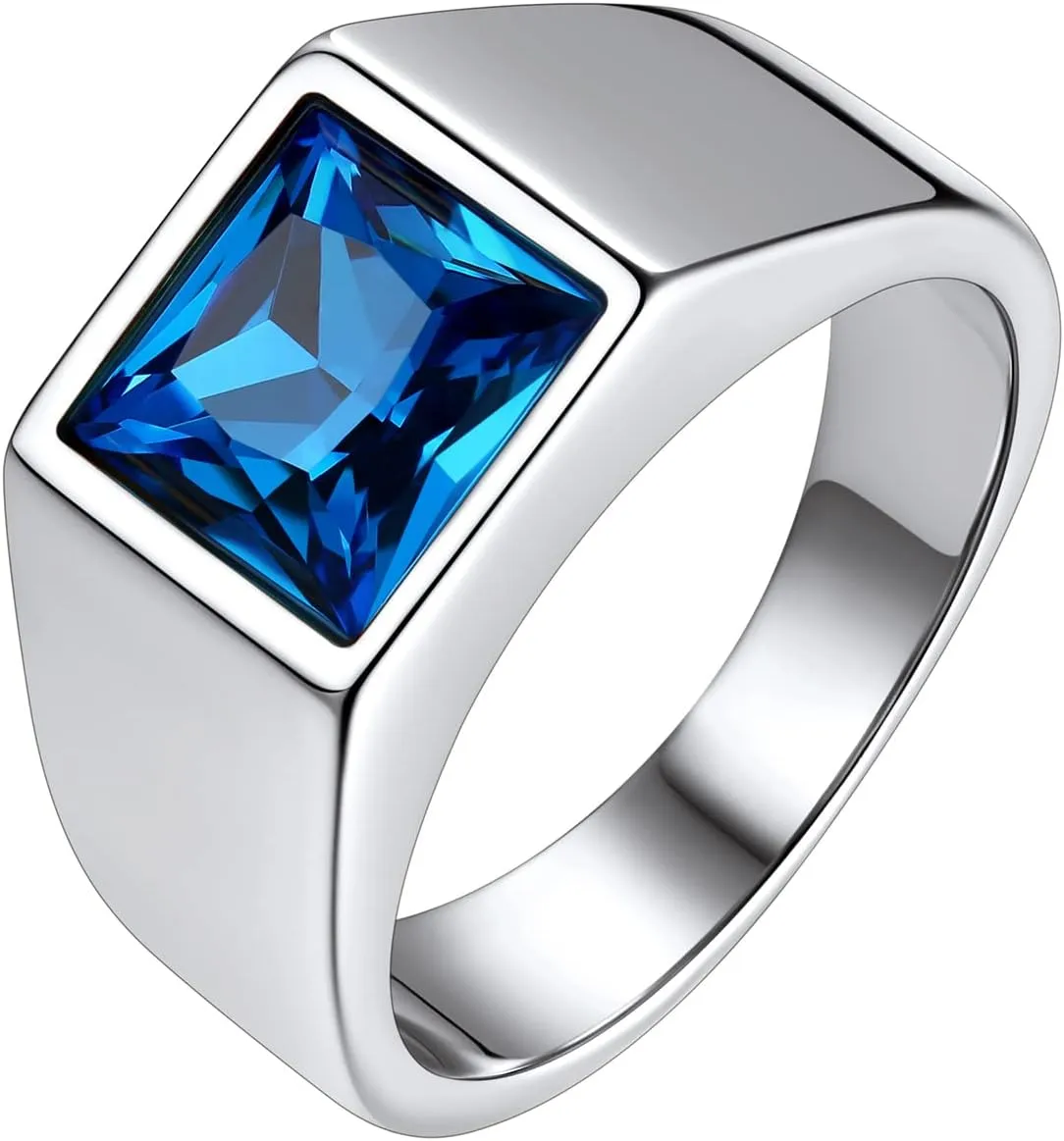 Bestyle Stainless Steel Men Signet Ring-Black/Blue Gemstone Band Ring-Classic Simple Thick Men Ring Size 7-14