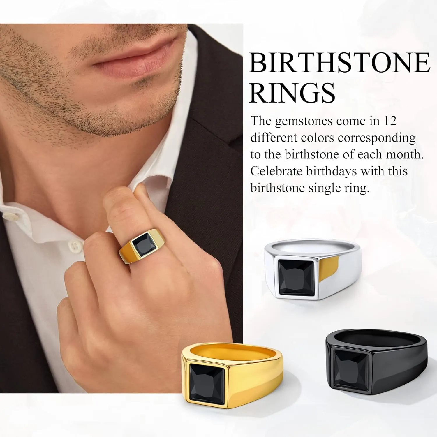 Bestyle Stainless Steel Men Signet Ring-Black/Blue Gemstone Band Ring-Classic Simple Thick Men Ring Size 7-14