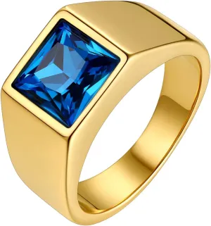 Bestyle Stainless Steel Men Signet Ring-Black/Blue Gemstone Band Ring-Classic Simple Thick Men Ring Size 7-14