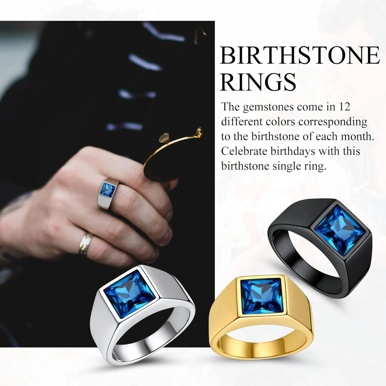 Bestyle Stainless Steel Men Signet Ring-Black/Blue Gemstone Band Ring-Classic Simple Thick Men Ring Size 7-14