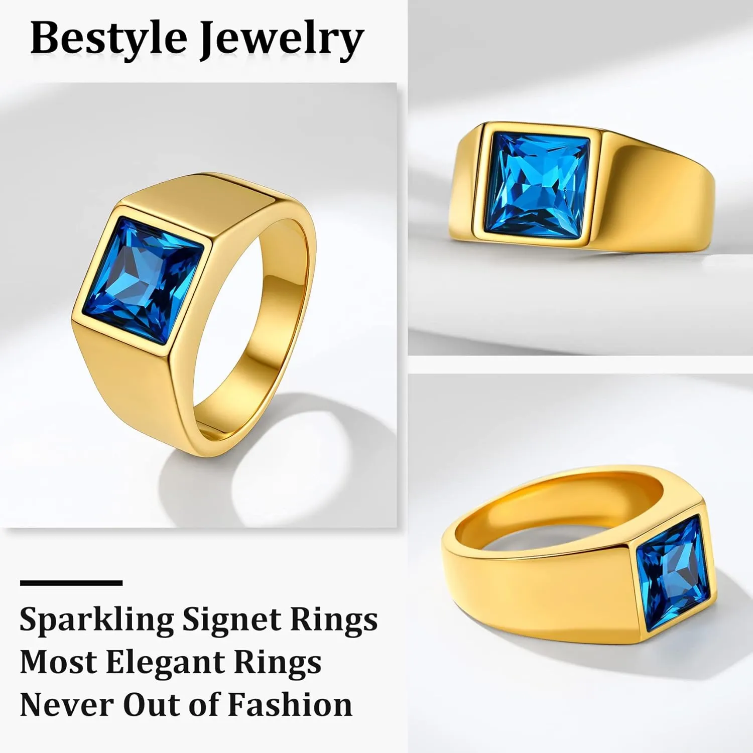 Bestyle Stainless Steel Men Signet Ring-Black/Blue Gemstone Band Ring-Classic Simple Thick Men Ring Size 7-14