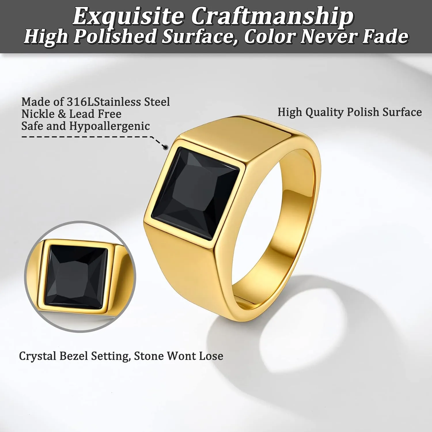 Bestyle Stainless Steel Men Signet Ring-Black/Blue Gemstone Band Ring-Classic Simple Thick Men Ring Size 7-14