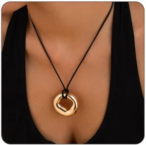 Bethynas Chunky Irregular Circle Pendant Leather Necklace Boho Gold Hoop Long Wrap Rope Neck Tie Punk Summer Party Collar Statement Neck Accessories for Women