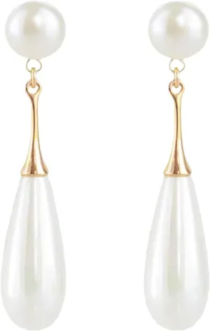 Bi&Yamigeo White Double Pearl Drop Earrings for Women,Vintage Gold Plated Long Faux Pearls Teardrop Dangle Pendant Stud Earrings Jewelry for Wedding Prom Party