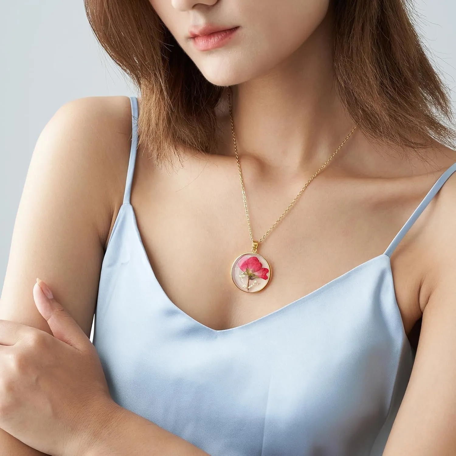 Birth Flower Necklaces For Women - Rose June Month Flower Necklace - Handmade Pressed Flower Necklace - Unique Holiday Gift - Gold 18"