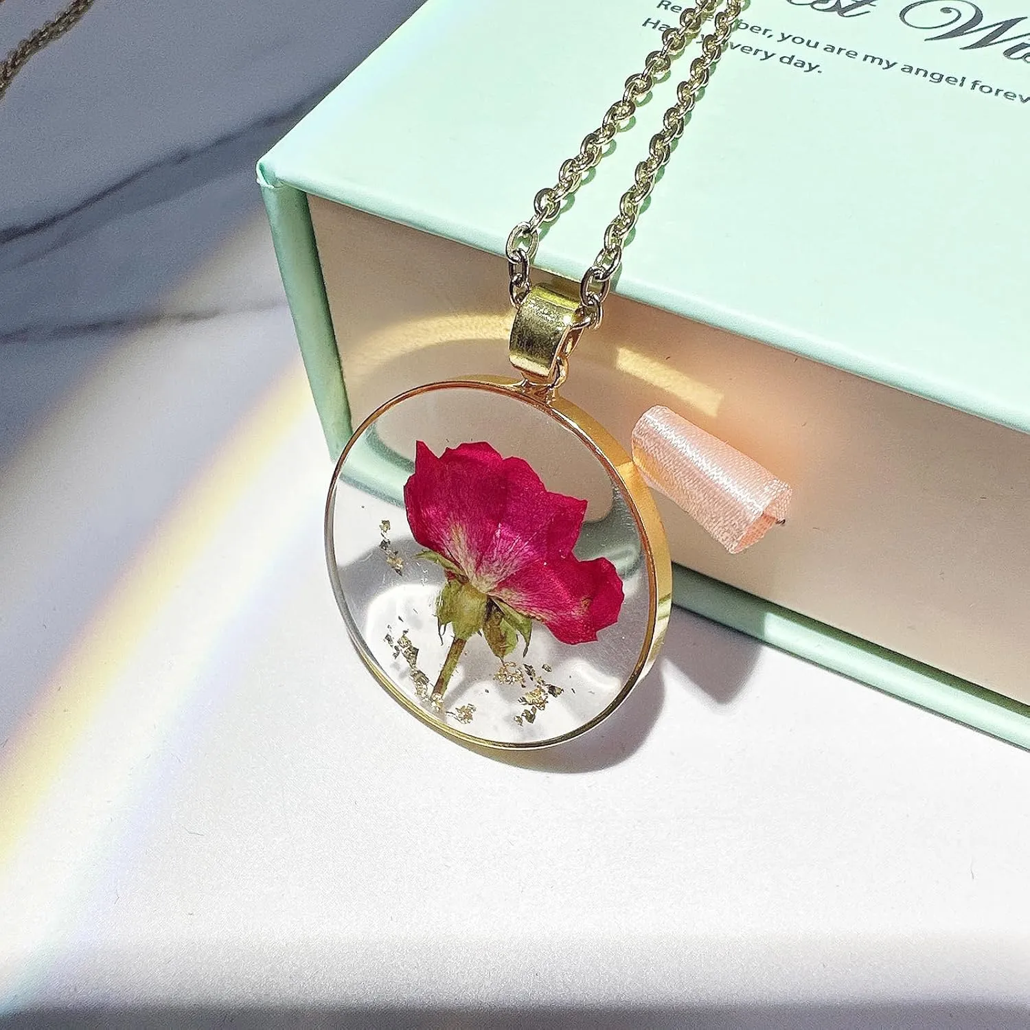 Birth Flower Necklaces For Women - Rose June Month Flower Necklace - Handmade Pressed Flower Necklace - Unique Holiday Gift - Gold 18"