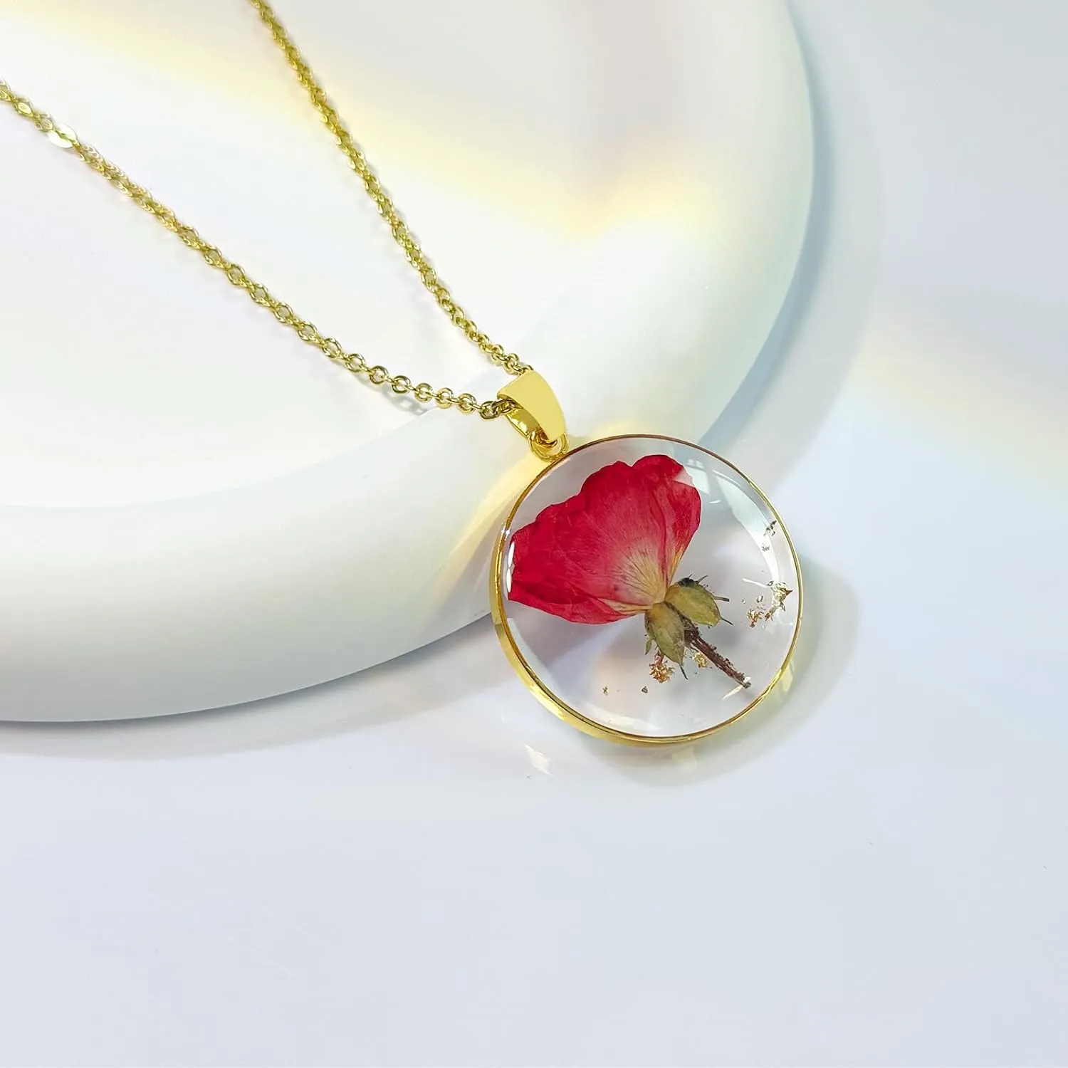 Birth Flower Necklaces For Women - Rose June Month Flower Necklace - Handmade Pressed Flower Necklace - Unique Holiday Gift - Gold 18"