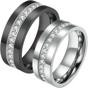 Black and Silver Couple Rings, Simple Engraved Promise Ring Stainless Steel Silver and Black Wedding Rings with Zirconia