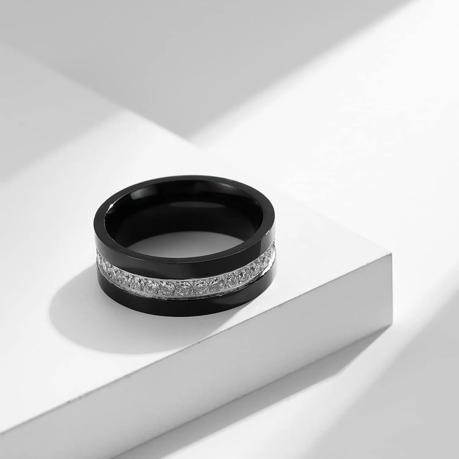 Black and Silver Couple Rings, Simple Engraved Promise Ring Stainless Steel Silver and Black Wedding Rings with Zirconia