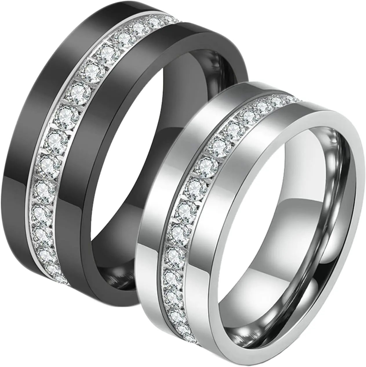 Black and Silver Couple Rings, Simple Engraved Promise Ring Stainless Steel Silver and Black Wedding Rings with Zirconia