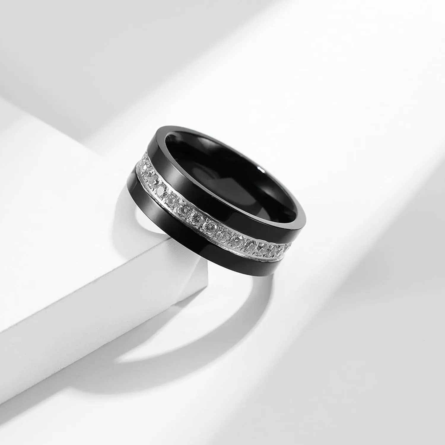 Black and Silver Couple Rings, Simple Engraved Promise Ring Stainless Steel Silver and Black Wedding Rings with Zirconia