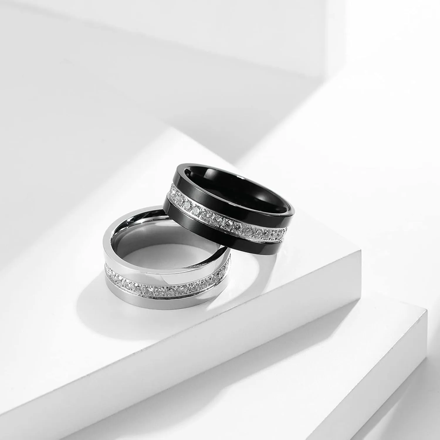 Black and Silver Couple Rings, Simple Engraved Promise Ring Stainless Steel Silver and Black Wedding Rings with Zirconia