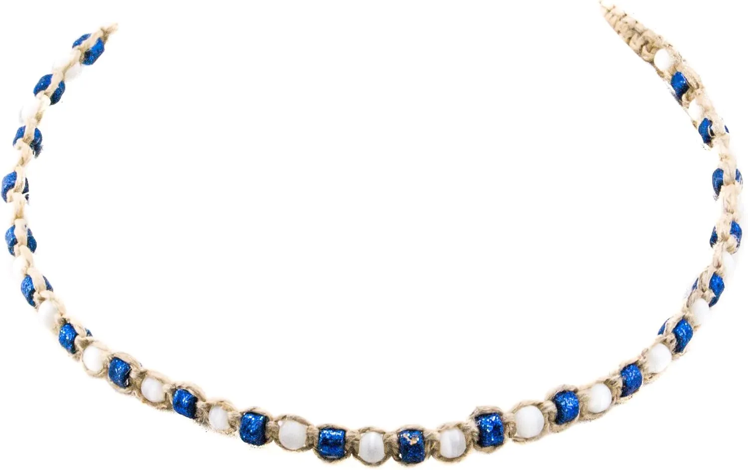 BlueRica Cat's Eye and Fimo Glitter Beads on Hemp Choker Necklace (White & Blue)