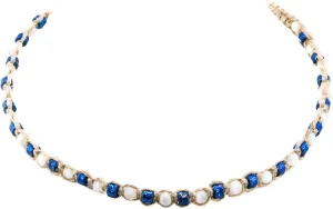 BlueRica Cat's Eye and Fimo Glitter Beads on Hemp Choker Necklace (White & Blue)