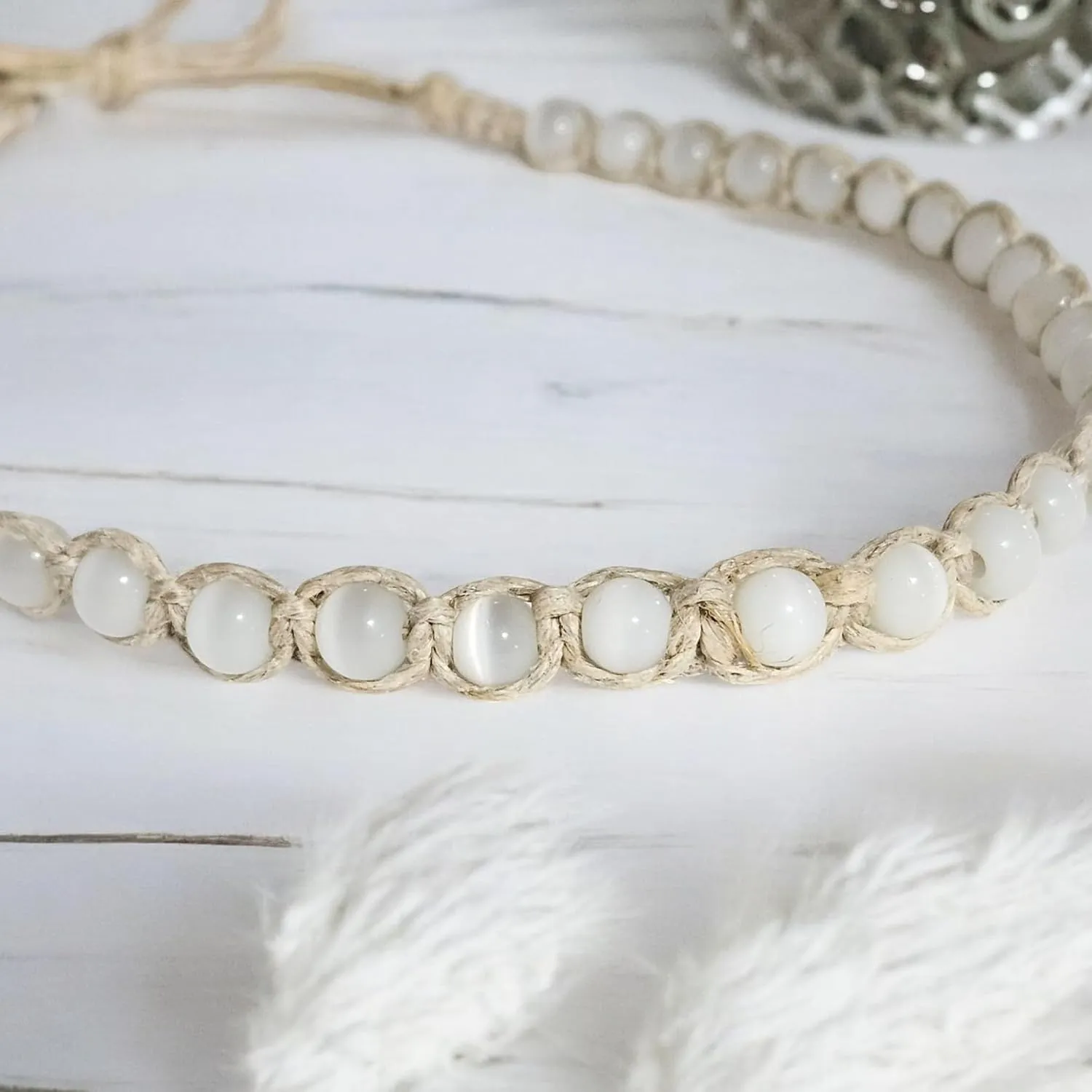 BlueRica Cat's Eye Beads on Hemp Choker Necklace