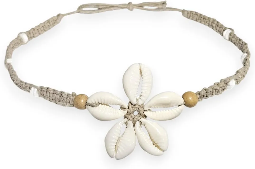 BlueRica Cowrie Shells Flower on Hemp Choker Necklace