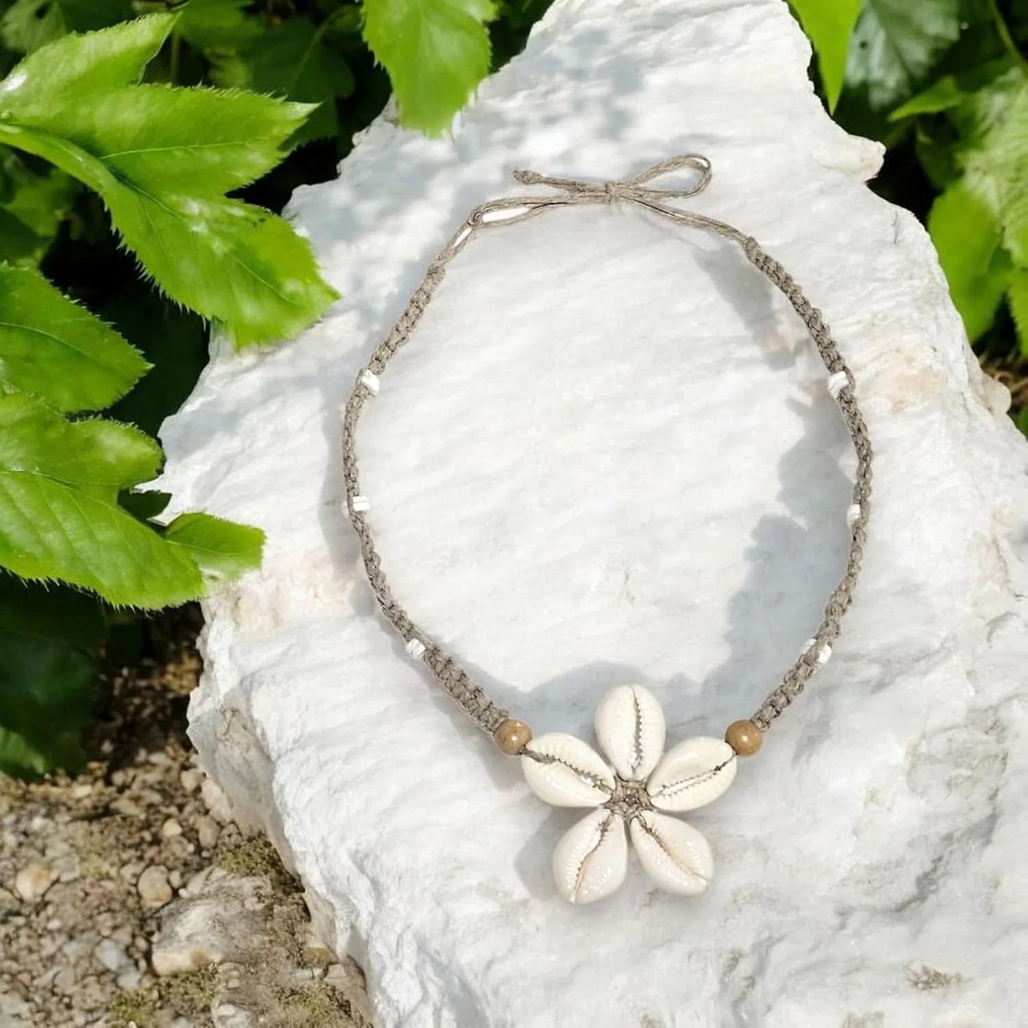 BlueRica Cowrie Shells Flower on Hemp Choker Necklace