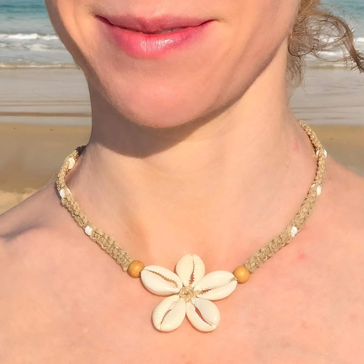 BlueRica Cowrie Shells Flower on Hemp Choker Necklace