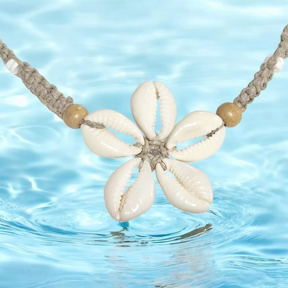 BlueRica Cowrie Shells Flower on Hemp Choker Necklace