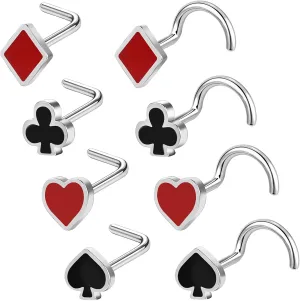 BodyAce Poker Nose Rings 20G Nostril Studs, Stainless Steel Nose Stud l Shaped Nostril Ring, Casino Corkscrew Nose Piercing Playing Cards Jewelry