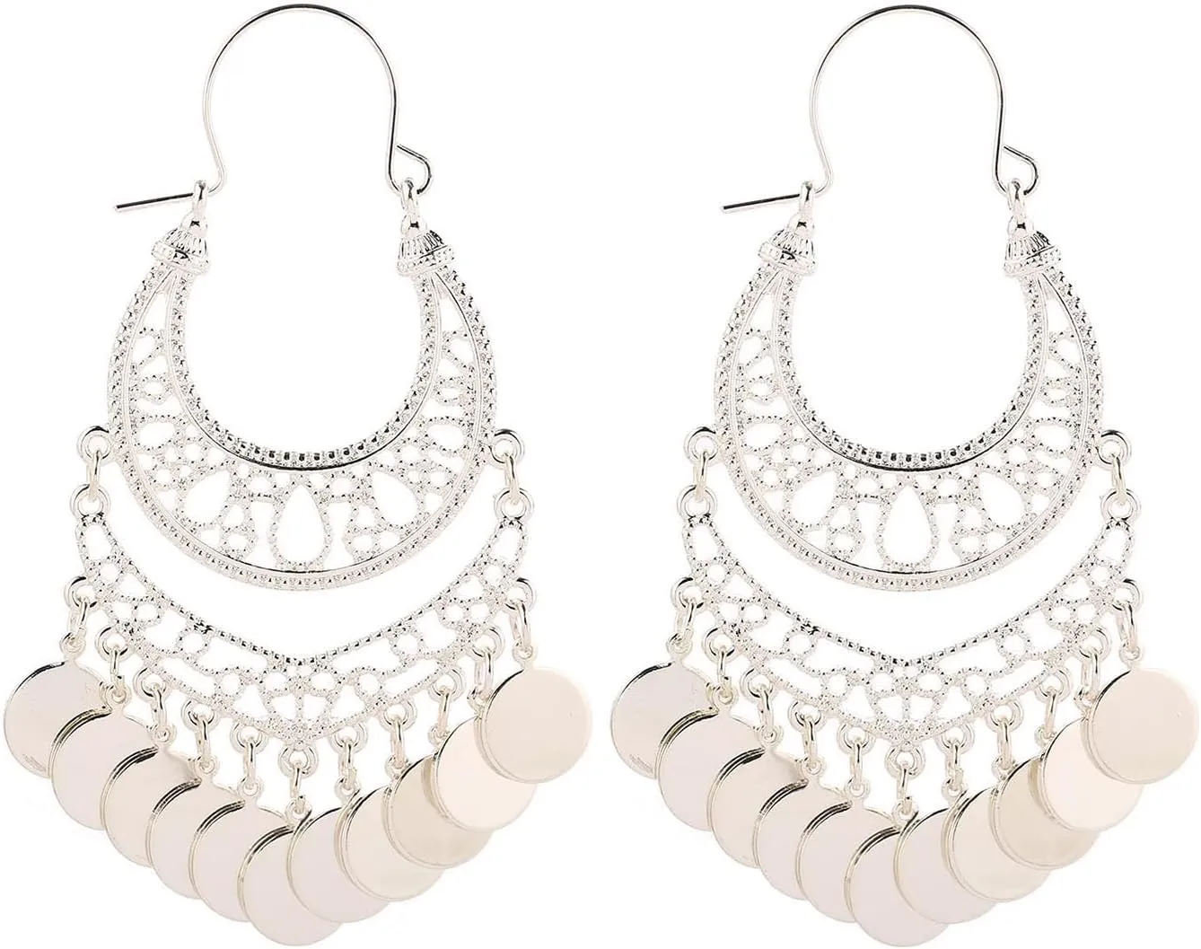 Bohemian Chandelier Earrings Coin Disc Tassel Dangle Filigree Earrings